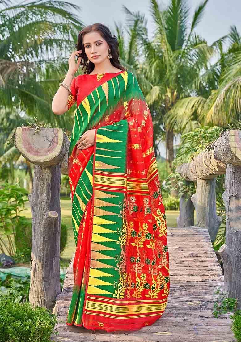 Red Woven Thread Embroidered Silk Cotton Saree Set