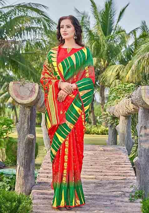 Red Woven Thread Embroidered Silk Cotton Saree Set