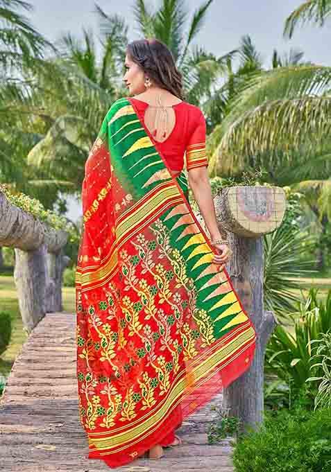 Red Woven Thread Embroidered Silk Cotton Saree Set