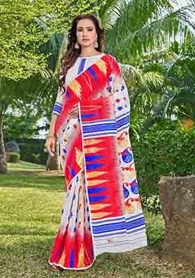 White Woven Thread Embroidered Silk Cotton Saree Set