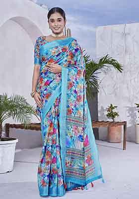 Blue Digital Print Linen Blend Saree Set