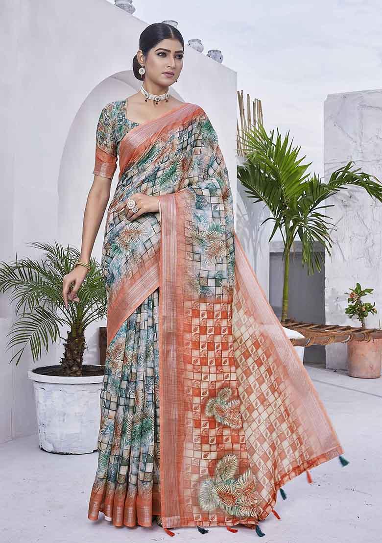 Green Digital Print Linen Blend Saree Set