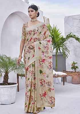 Beige Digital Print Linen Blend Saree Set