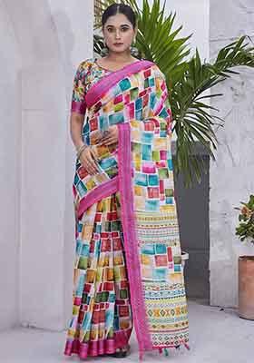 Pink Digital Print Linen Blend Saree Set