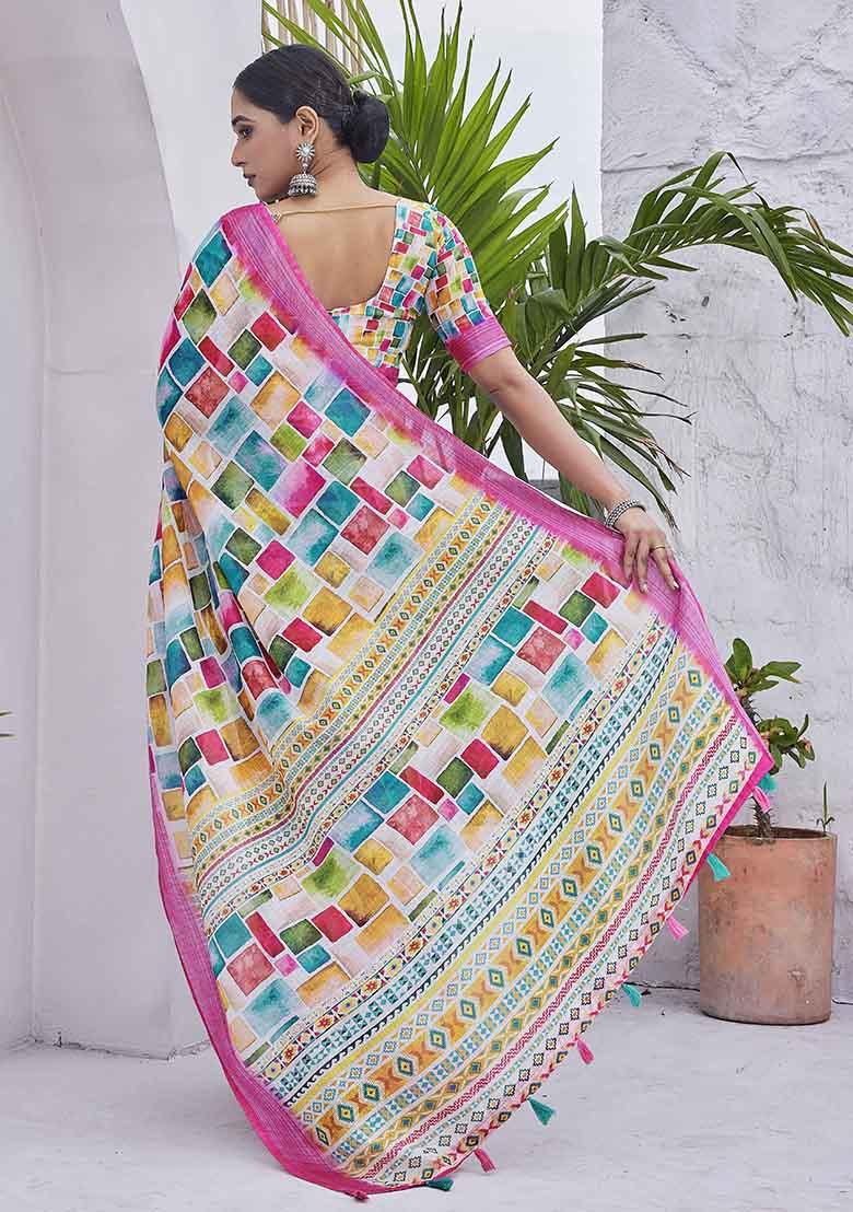Pink Digital Print Linen Blend Saree Set