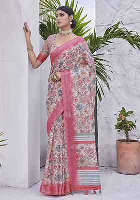 Off White Digital Print Linen Blend Saree Set