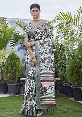 Off White Digital Print Linen Blend Saree Set