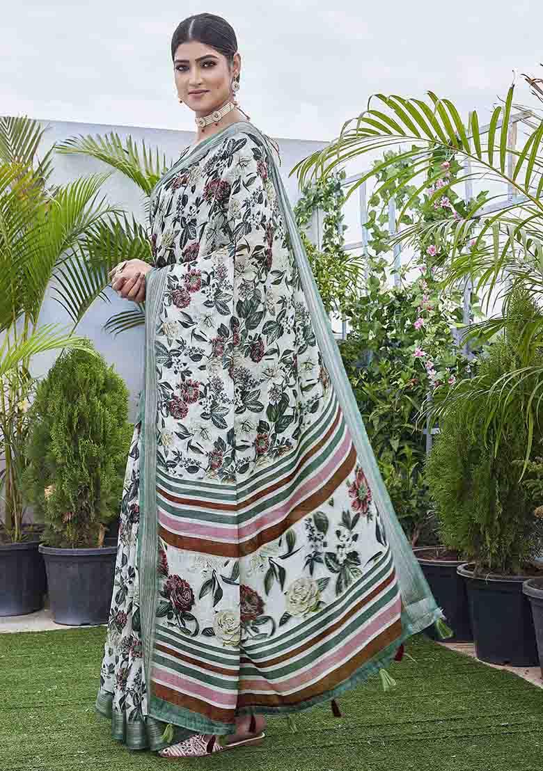 Off White Digital Print Linen Blend Saree Set