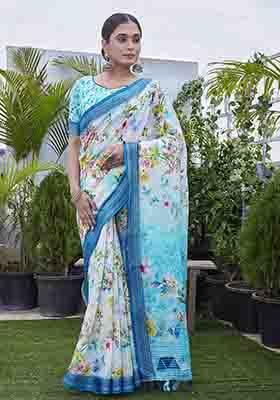 Blue Digital Print Linen Blend Saree Set