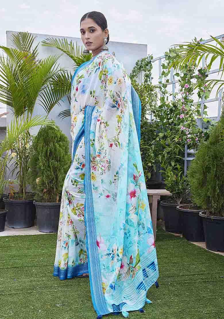 Blue Digital Print Linen Blend Saree Set