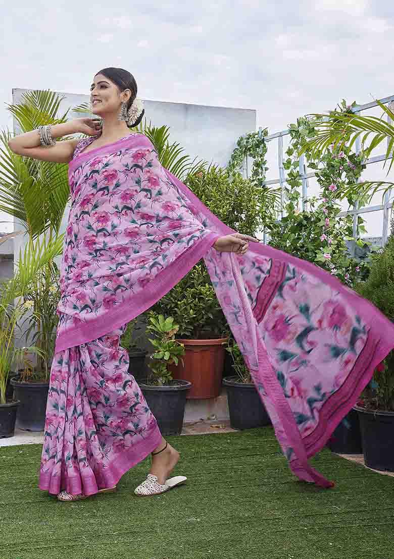 Pink Digital Print Linen Blend Saree Set