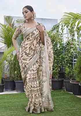 Cream Digital Print Linen Blend Saree Set