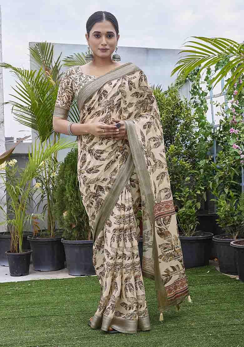 Cream Digital Print Linen Blend Saree Set