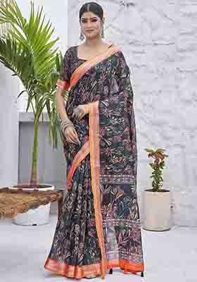 Black Digital Print Linen Blend Saree Set