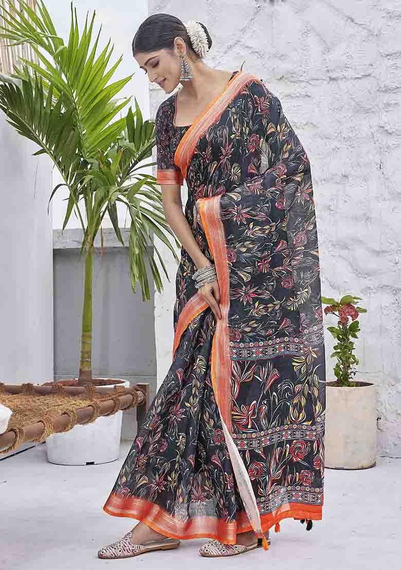 Black Digital Print Linen Blend Saree Set