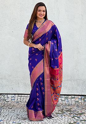 Violet Zari Woven Soft Silk Saree Set