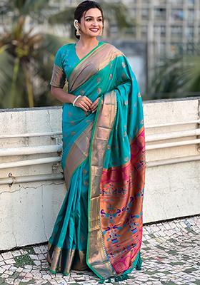Rama Blue Zari Woven Soft Silk Saree Set