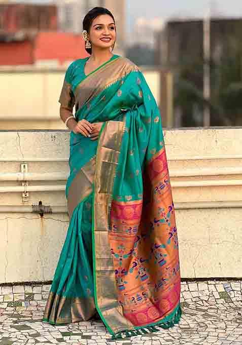 Rama Blue Zari Woven Soft Silk Saree Set