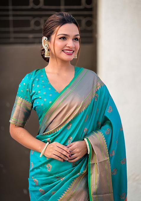 Rama Blue Zari Woven Soft Silk Saree Set