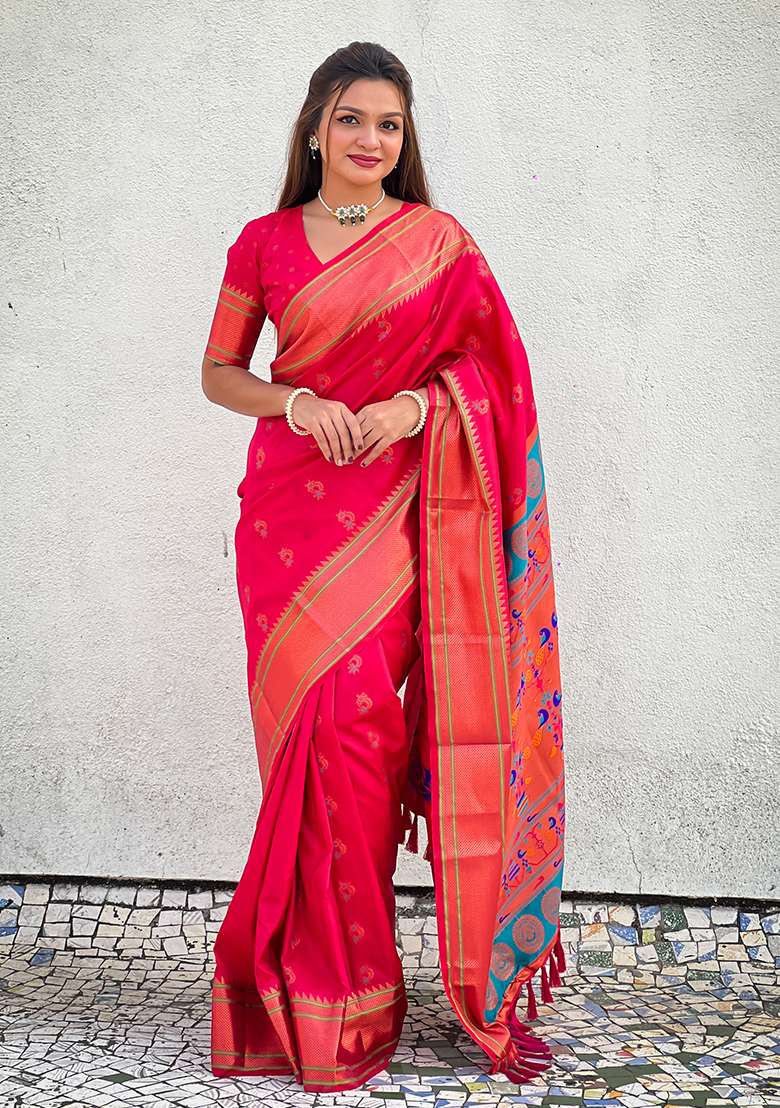 Pink Zari Woven Soft Silk Saree Set - Indya