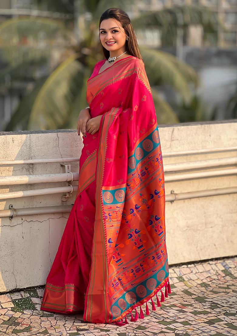 Pink Zari Woven Soft Silk Saree Set