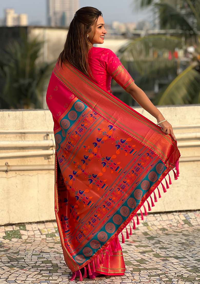 Pink Zari Woven Soft Silk Saree Set - Indya