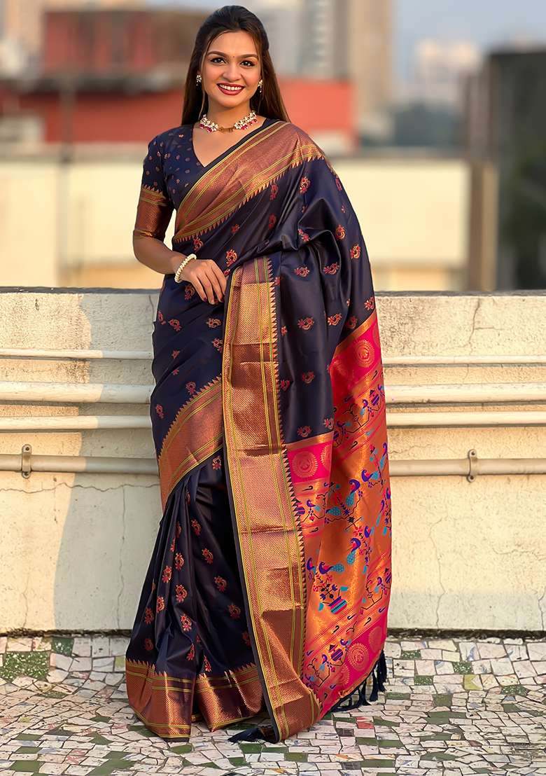 Navy Blue Zari Woven Soft Silk Saree Set - Indya