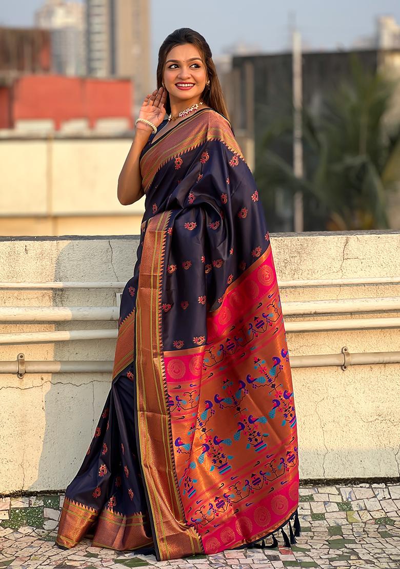 Navy Blue Zari Woven Soft Silk Saree Set