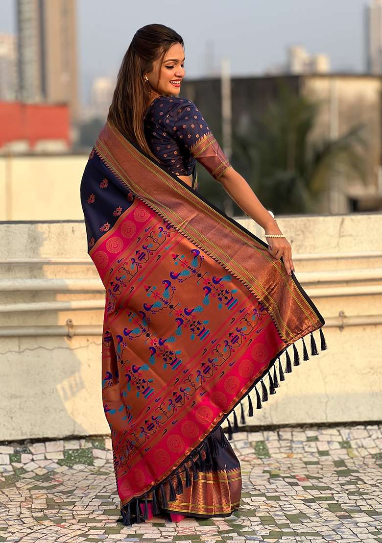 Navy Blue Zari Woven Soft Silk Saree Set - Indya