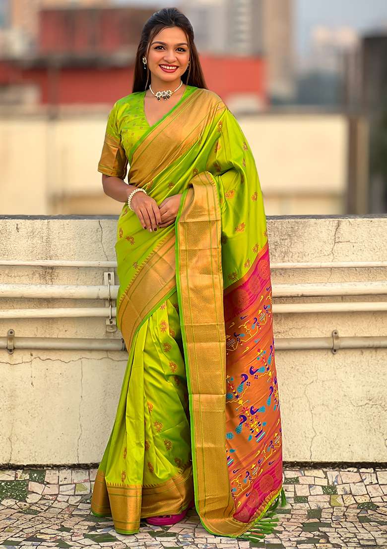 Green Zari Woven Soft Silk Saree Set - Indya