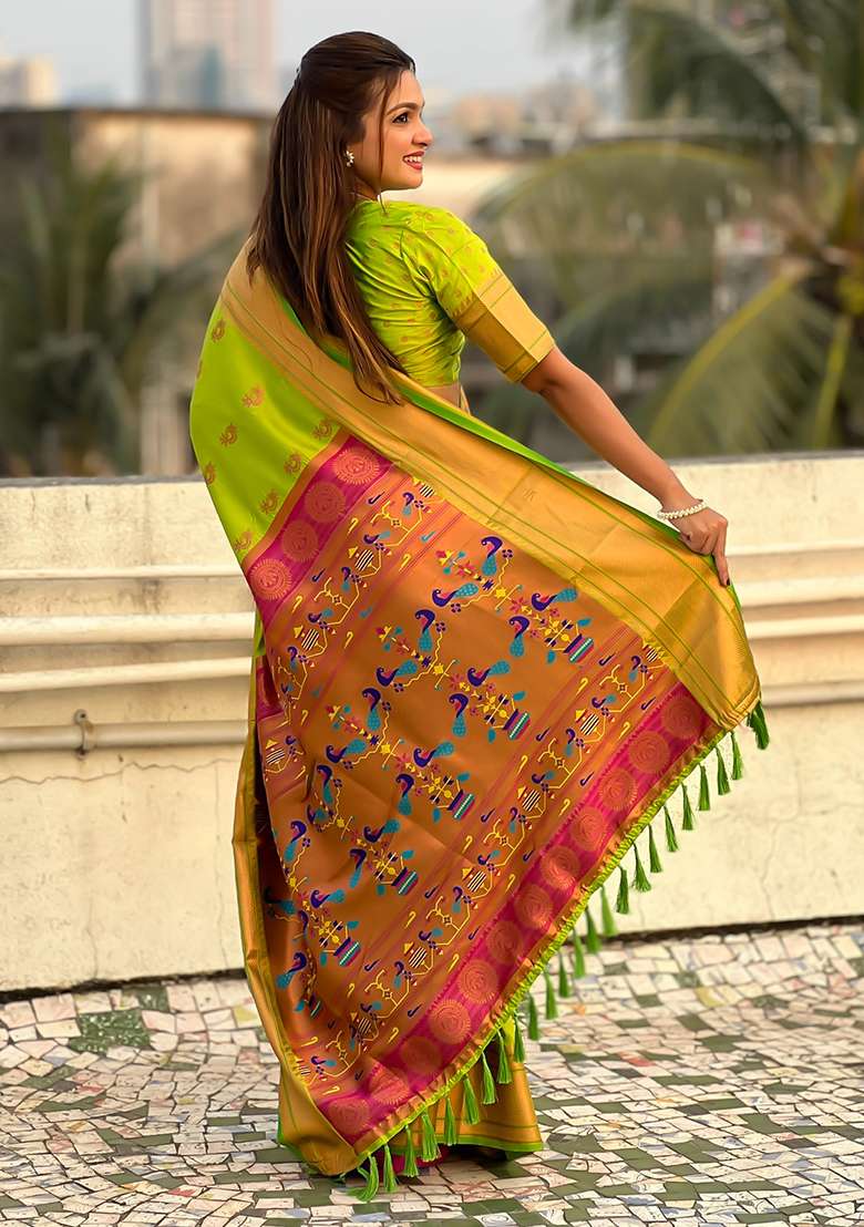 Green Zari Woven Soft Silk Saree Set - Indya