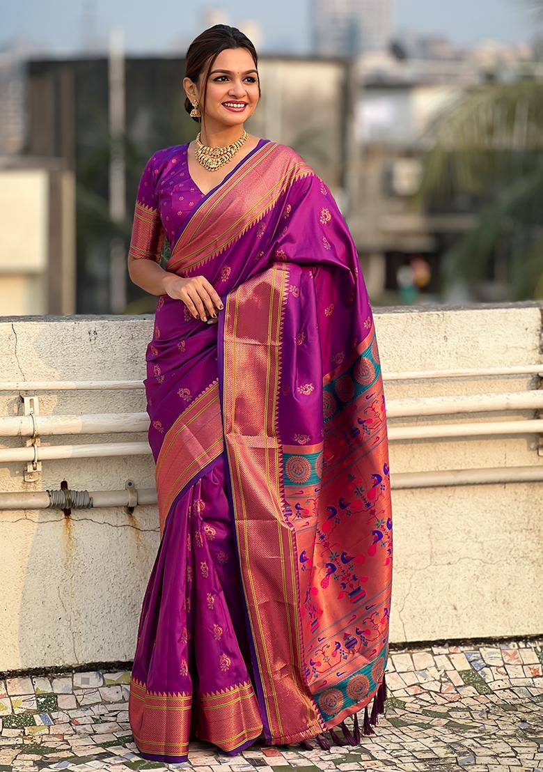 Purple Zari Woven Soft Silk Saree Set