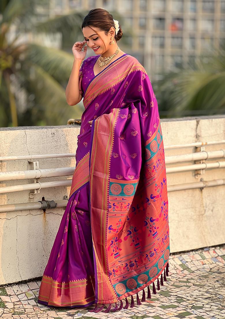 Purple Zari Woven Soft Silk Saree Set