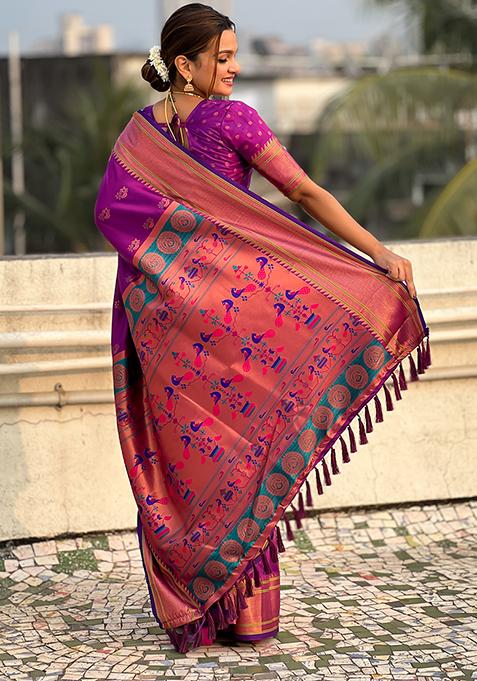 Purple Zari Woven Soft Silk Saree Set