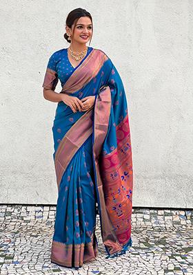 Sky Blue Zari Woven Soft Silk Saree Set