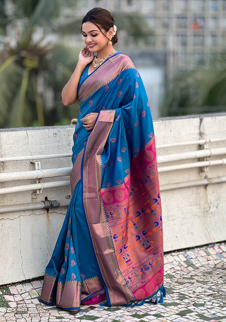 Sky Blue Zari Woven Soft Silk Saree Set