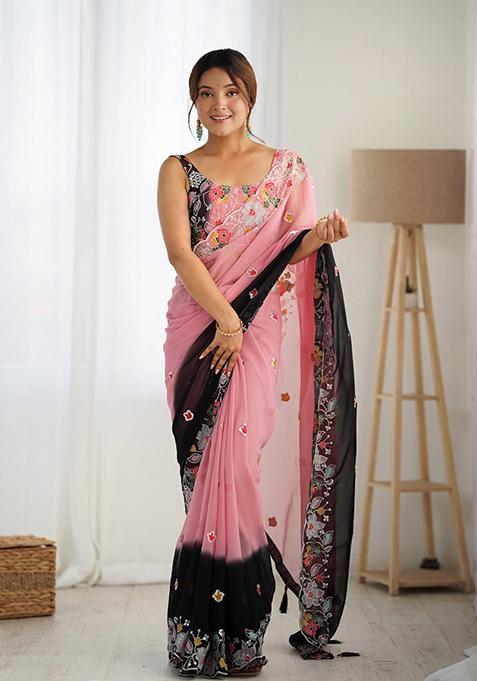 Black Embroidered Georgette Saree Set