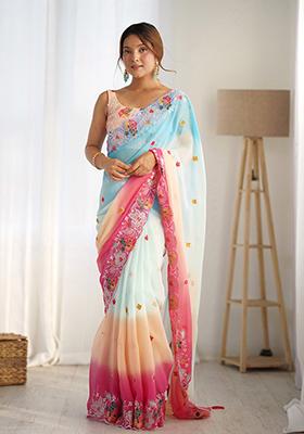 Sky Blue Embroidered Georgette Saree Set