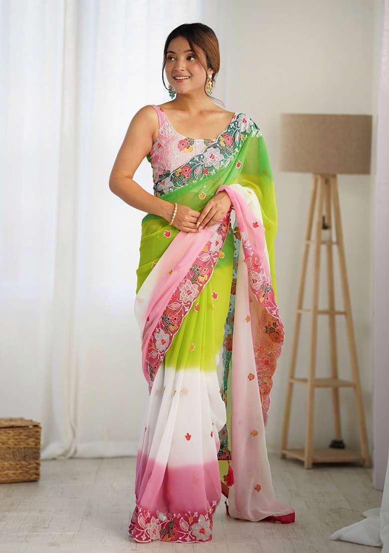 Green Embroidered Georgette Saree Set - Indya