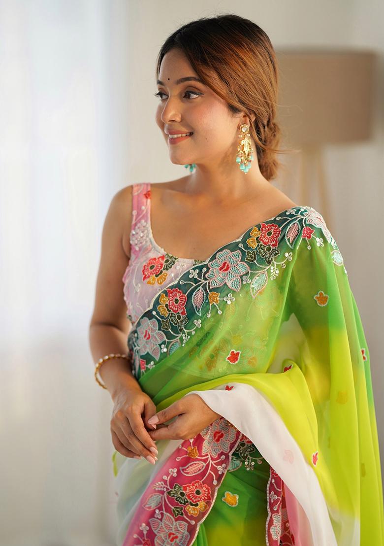 Green Embroidered Georgette Saree Set