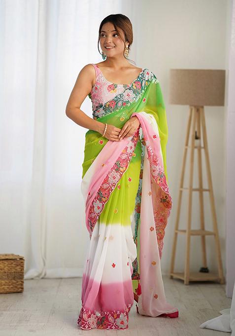 Green Embroidered Georgette Saree Set