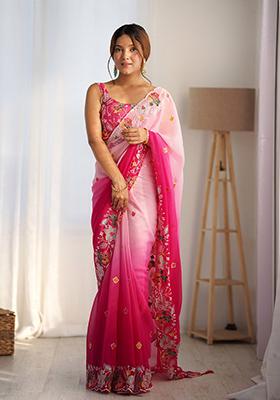 Pink Embroidered Georgette Saree Set