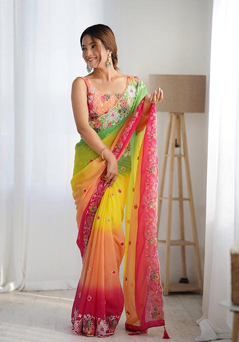 Yellow Embroidered Georgette Saree Set