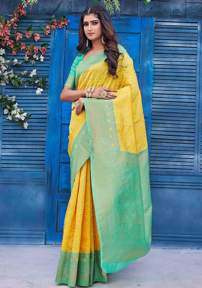 Yellow Zari Woven Silk Blend Saree Set