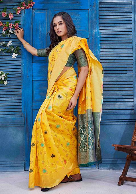 Yellow Zari Woven Silk Blend Saree Set