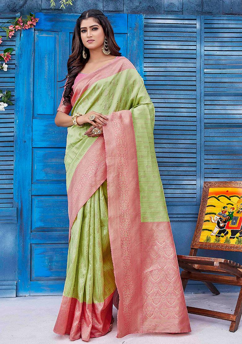 Green Zari Woven Silk Blend Saree Set