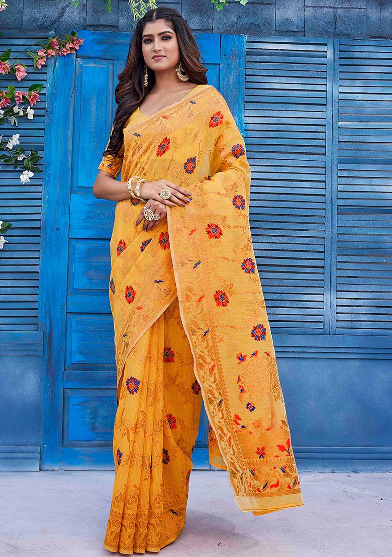 Mustard Zari Woven Silk Blend Saree Set