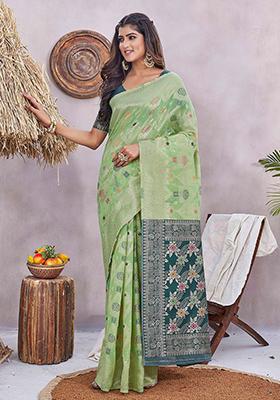 Pista Green Zari Woven Silk Blend Saree Set