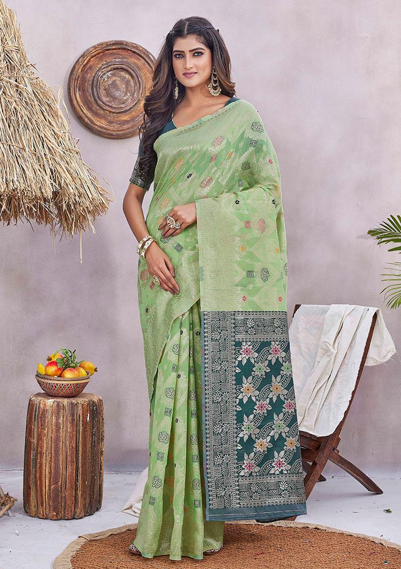 Pista Green Zari Woven Silk Blend Saree Set