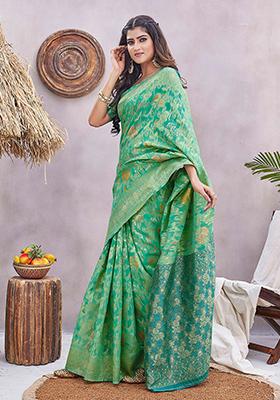 Rama Blue Zari Woven Silk Blend Saree Set